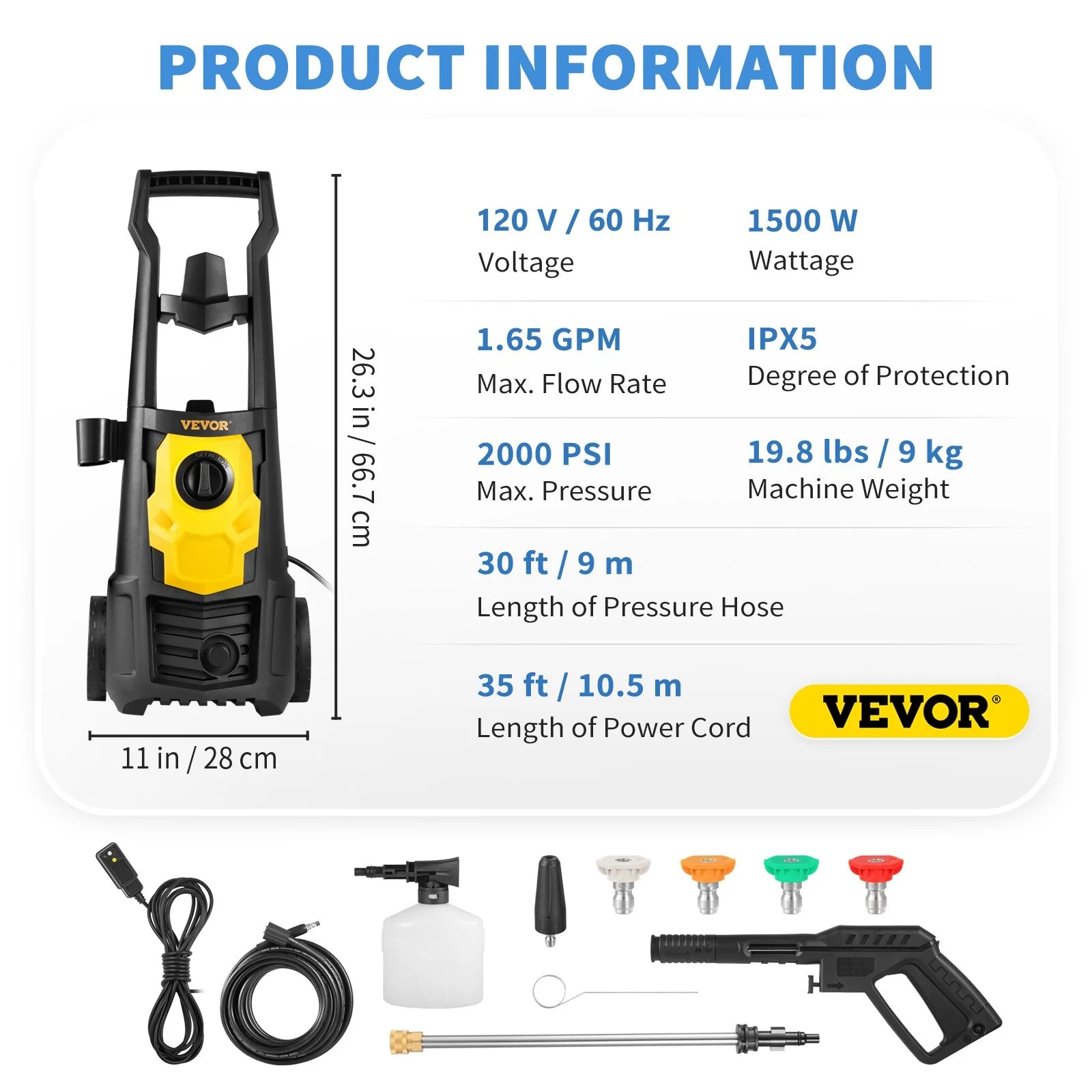 VEVOR 2000 PSI Electric Pressure Washer - 1.65 GPM, 30 Ft Hose & Reel, Foam Cannon, 5 Quick Connect Nozzles - Ideal for Cleaning Patios, Cars, Fences, Driveways - ETL Listed