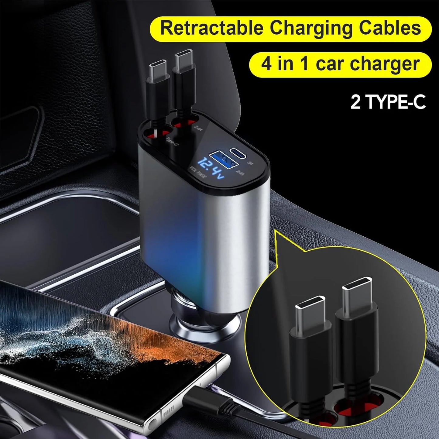 Ultimate 4-in-1 Retractable Fast Car Charger - 66W Power for iPhone 15/14/13/12/11, Galaxy & Pixel