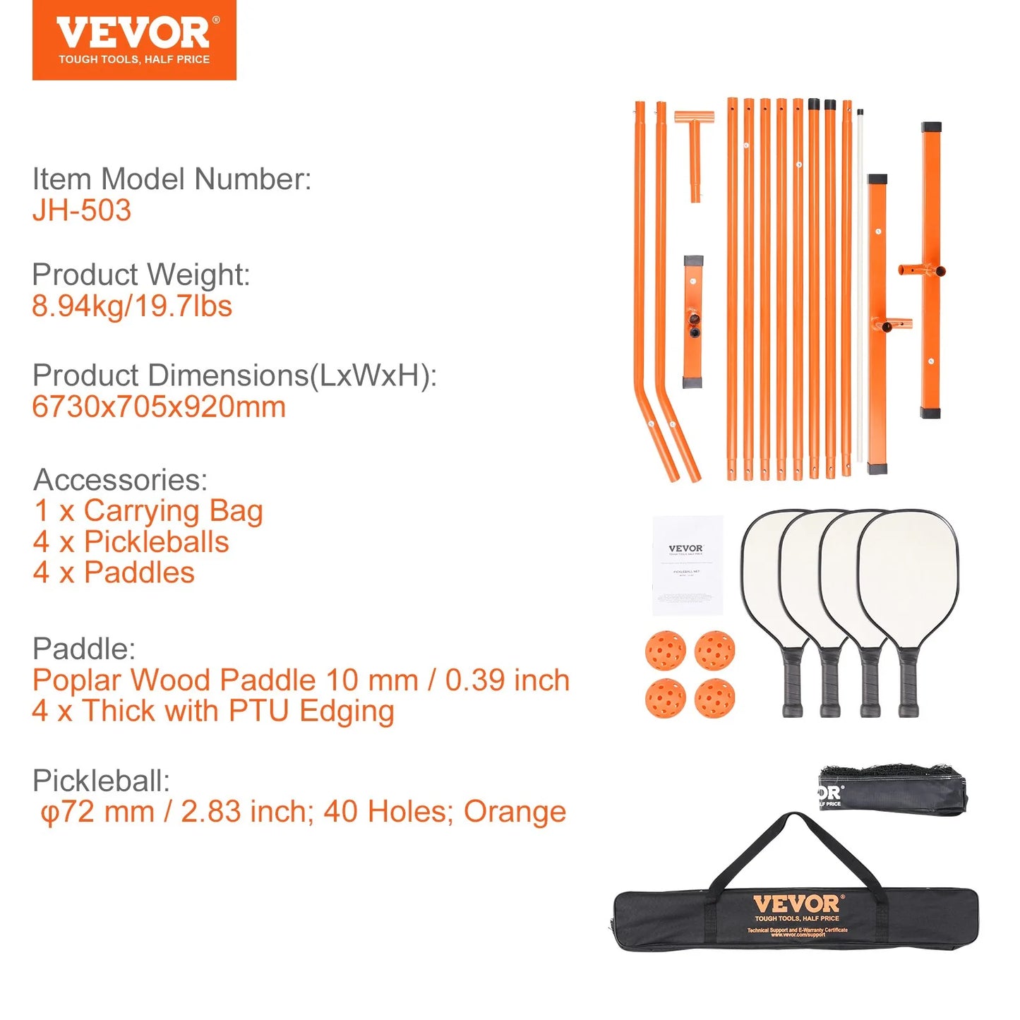 VEVOR Pickleball Showdown Kit: 22FT of Fun With a Side of Sweat, Includes a Bag for All Your Fails, Balls to Keep You in the Game, and Paddles for Those Who Love to Play with Their Food!