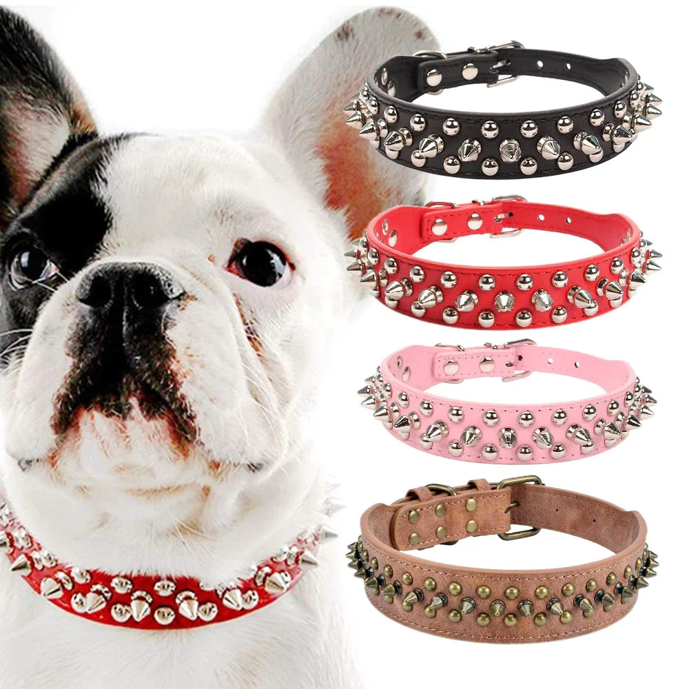 Stylish Spiked Studded Leather Dog Collar - Adjustable for Small to Large Pets, Perfect for Cats and Pit Bulls