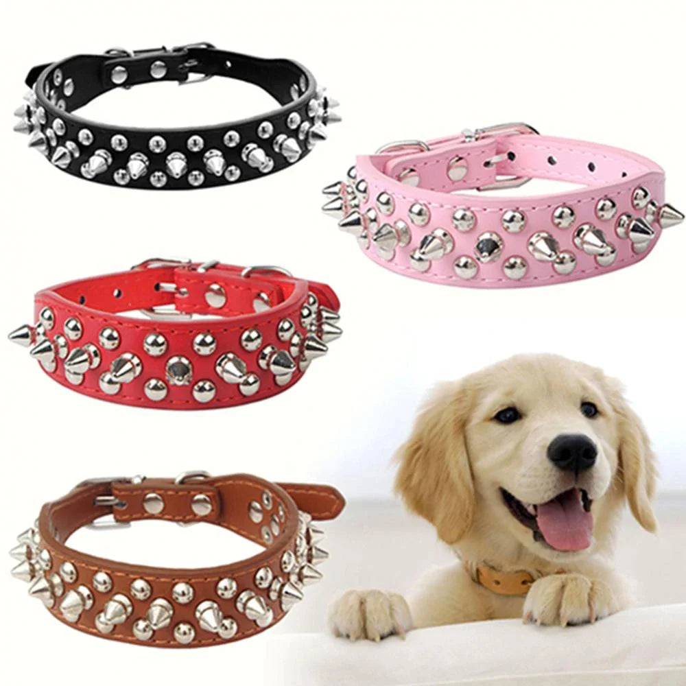 Stylish Spiked Studded Leather Dog Collar - Adjustable for Small to Large Pets, Perfect for Cats and Pit Bulls