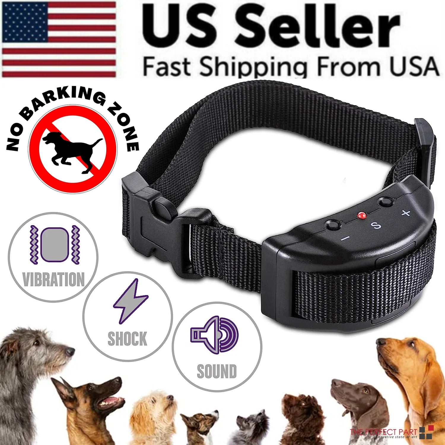 No-Bark Shock Control Collar - Adjustable Fit for All Dog Sizes: Large, Medium & Small