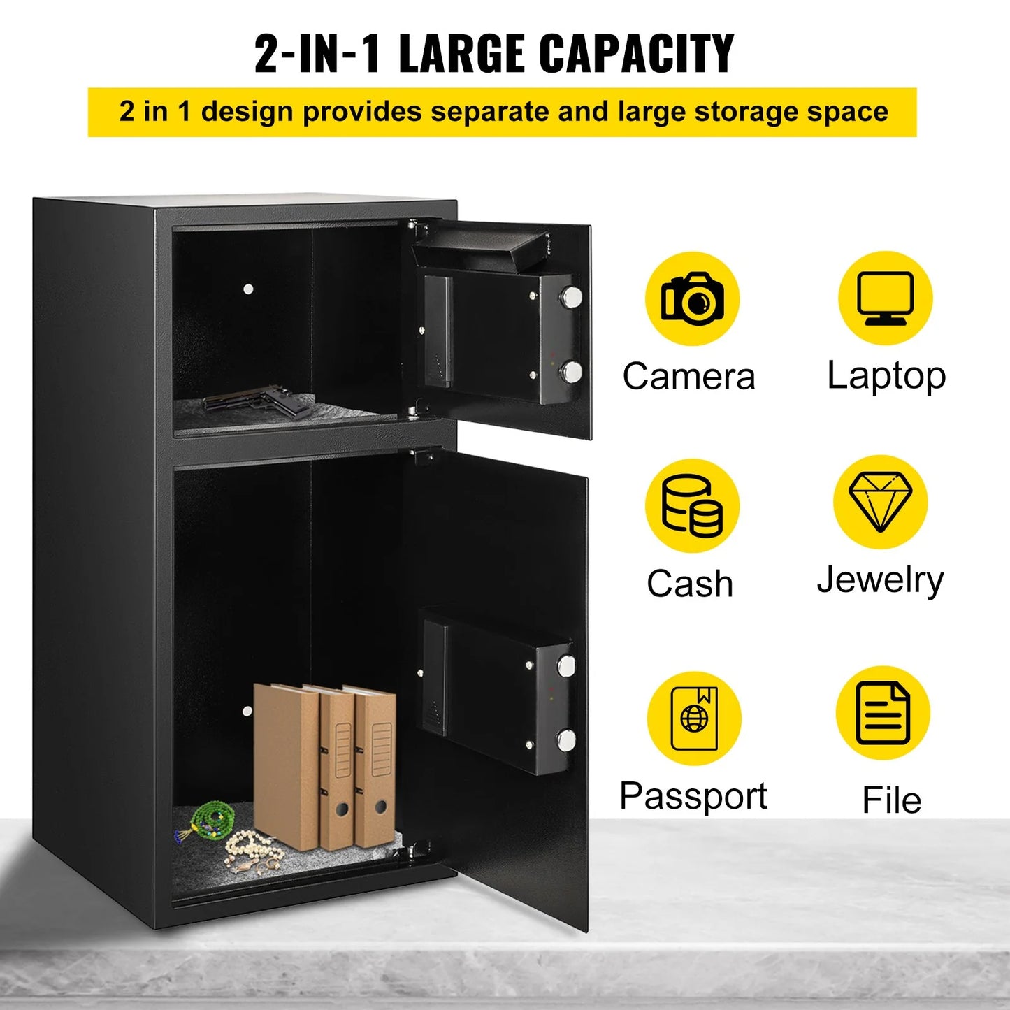 VEVOR 2.6 Cubic Feet Heavy-Duty Double Door Security Safe with Digital Lock - Ideal for Money, Guns, and Jewelry - Sleek Black Design