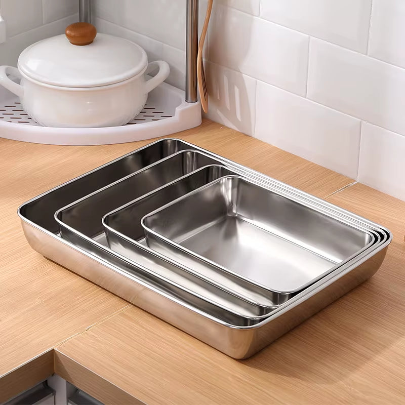 Premium Stainless Steel Rectangular Food Storage & Baking Tray - Deep Plates for Kitchen Organization