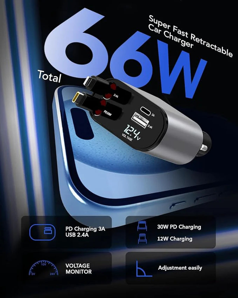 Ultimate 4-in-1 Retractable Fast Car Charger - 66W Power for iPhone 15/14/13/12/11, Galaxy & Pixel