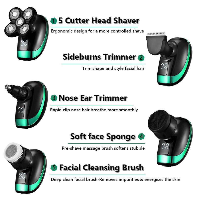 Ultimate 5-in-1 4D Rechargeable Electric Shaver for Men - Bald Head, Beard, Nose, Ear Hair Trimmer & Facial Brush