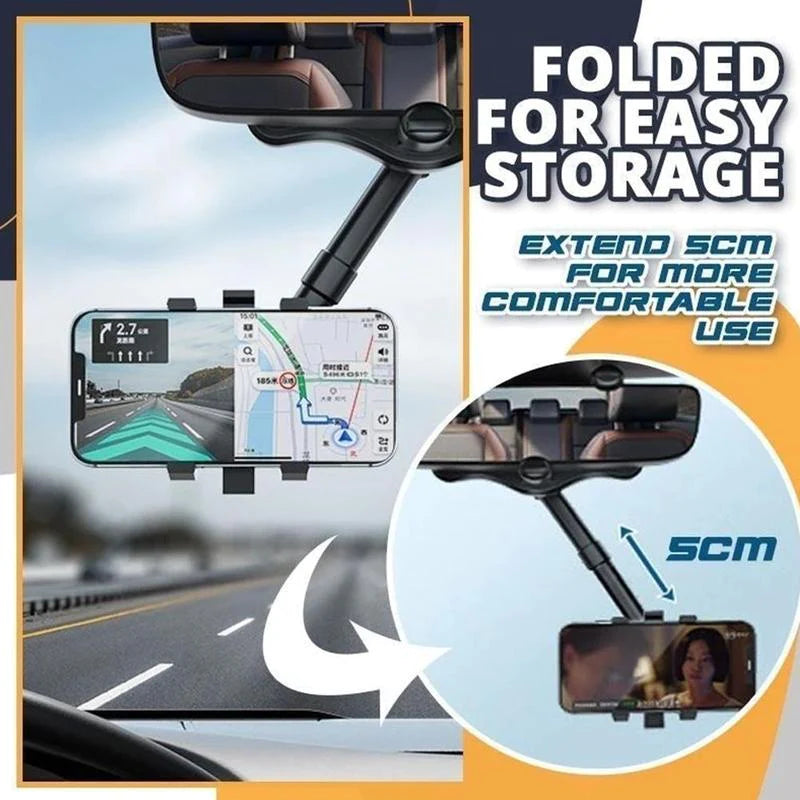 360° Rotatable Rearview Mirror Phone Holder - Universal Fit for All Cars & Phones, Retractable & Multifunctional Design