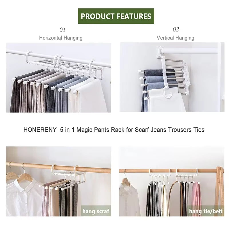 Space-Saving Adjustable Multi-Fold Pants Hangers for Organized Closets and Neatly Stored Clothes