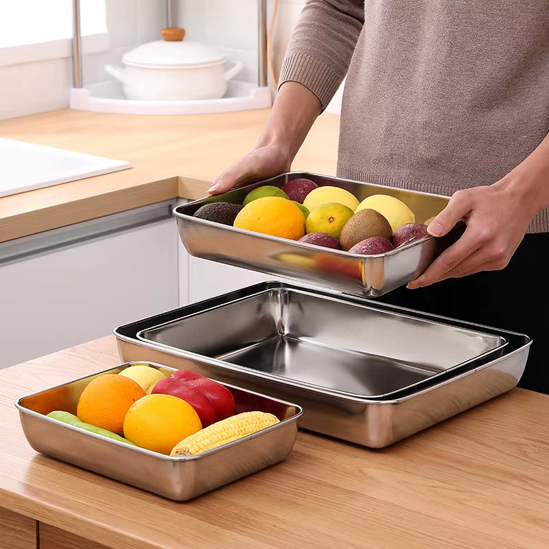 Premium Stainless Steel Rectangular Food Storage & Baking Tray - Deep Plates for Kitchen Organization