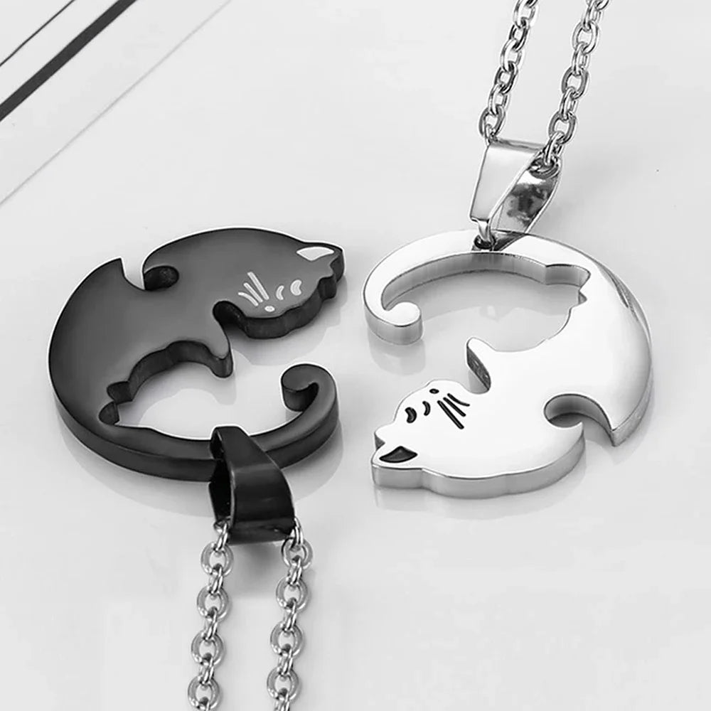 Charming Cat Couple Necklaces - Stainless Steel Black & White Kitten Pendants for Lovers & Friends