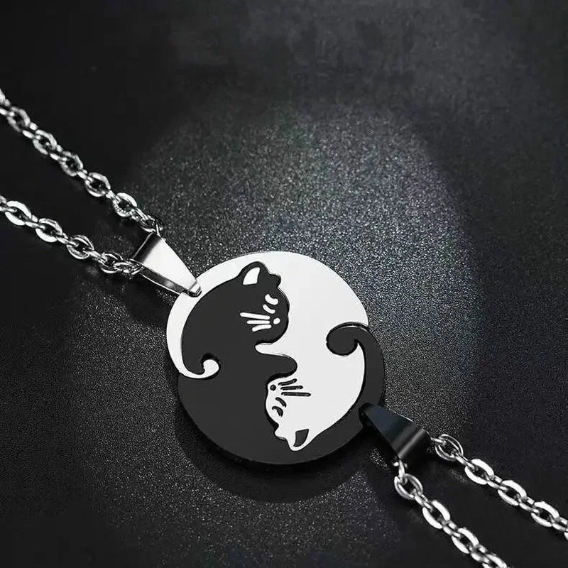 Charming Cat Couple Necklaces - Stainless Steel Black & White Kitten Pendants for Lovers & Friends