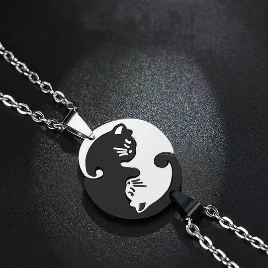 Charming Cat Couple Necklaces - Stainless Steel Black & White Kitten Pendants for Lovers & Friends