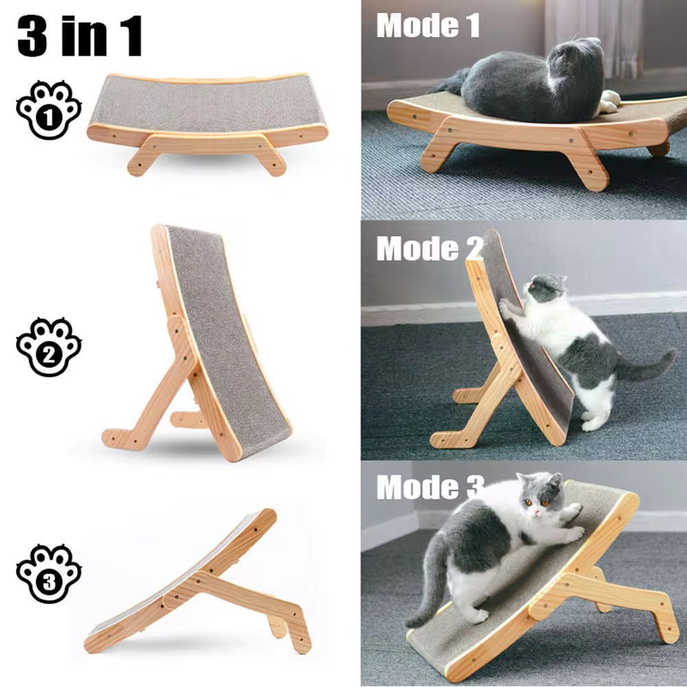 3-in-1 Wooden Cat Scratcher Lounge Bed - Detachable Scratching Post & Claw Grinding Toy