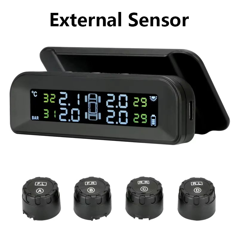 2023 Solar-Powered Wireless Tire Pressure Monitoring System with LCD Display and Auto Brightness Adjustment for 4 Tires