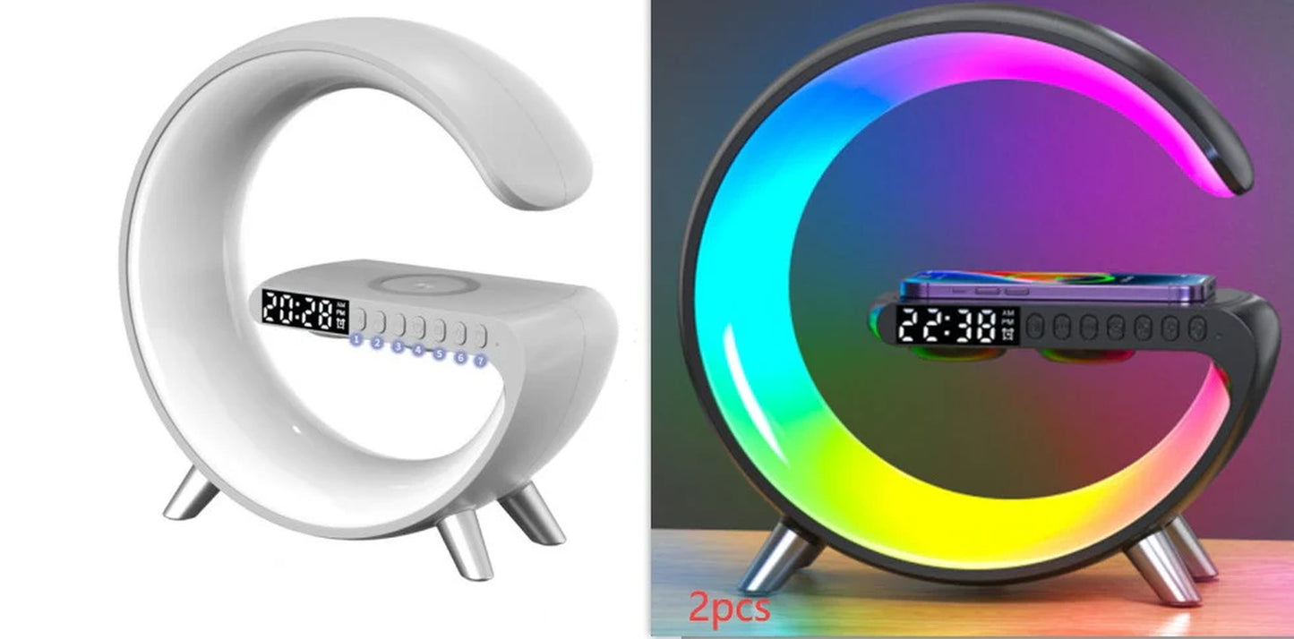 Innovative G-Shaped LED Lamp with Bluetooth Speaker & Wireless Charger - Smart App-Controlled Mood Light for Bedroom & Home Decor