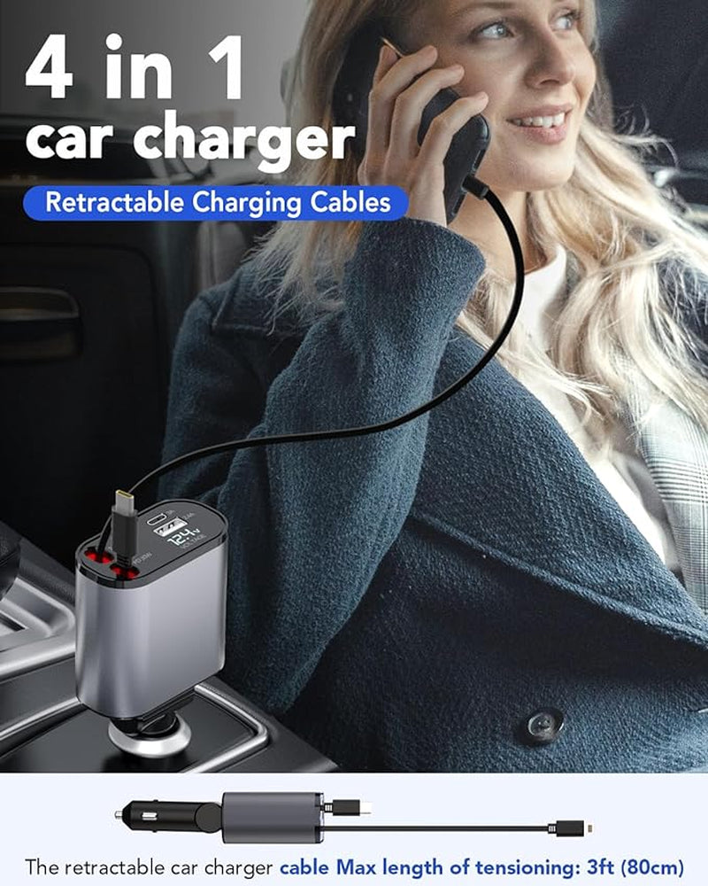 Ultimate 4-in-1 Retractable Fast Car Charger - 66W Power for iPhone 15/14/13/12/11, Galaxy & Pixel