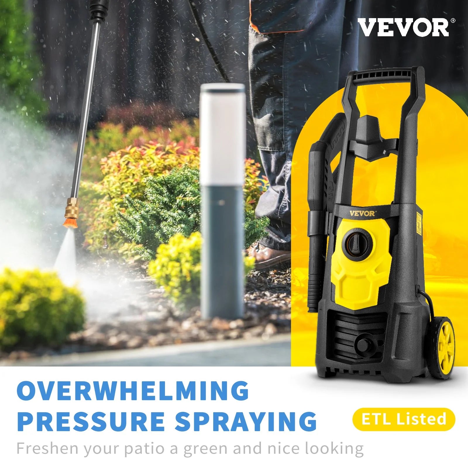 VEVOR 2000 PSI Electric Pressure Washer - 1.65 GPM, 30 Ft Hose & Reel, Foam Cannon, 5 Quick Connect Nozzles - Ideal for Cleaning Patios, Cars, Fences, Driveways - ETL Listed