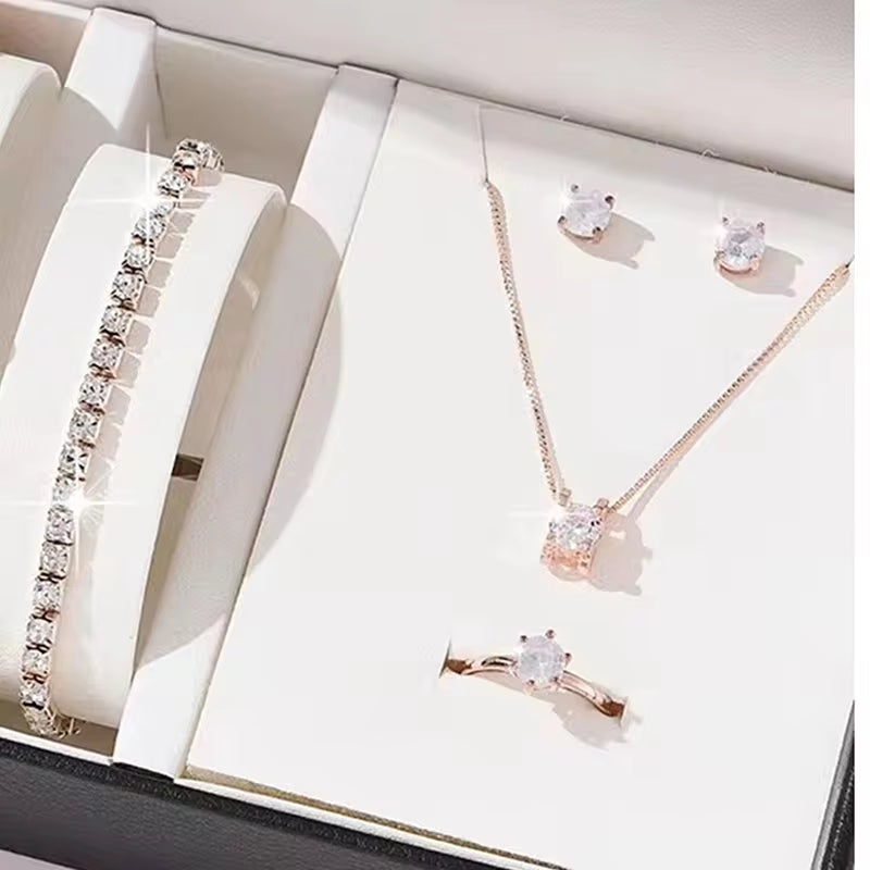 Unveiling Luxury: Stunning Rhinestone Jewelry Set for Women - Ring, Necklace, Earrings & Bracelet Ensemble