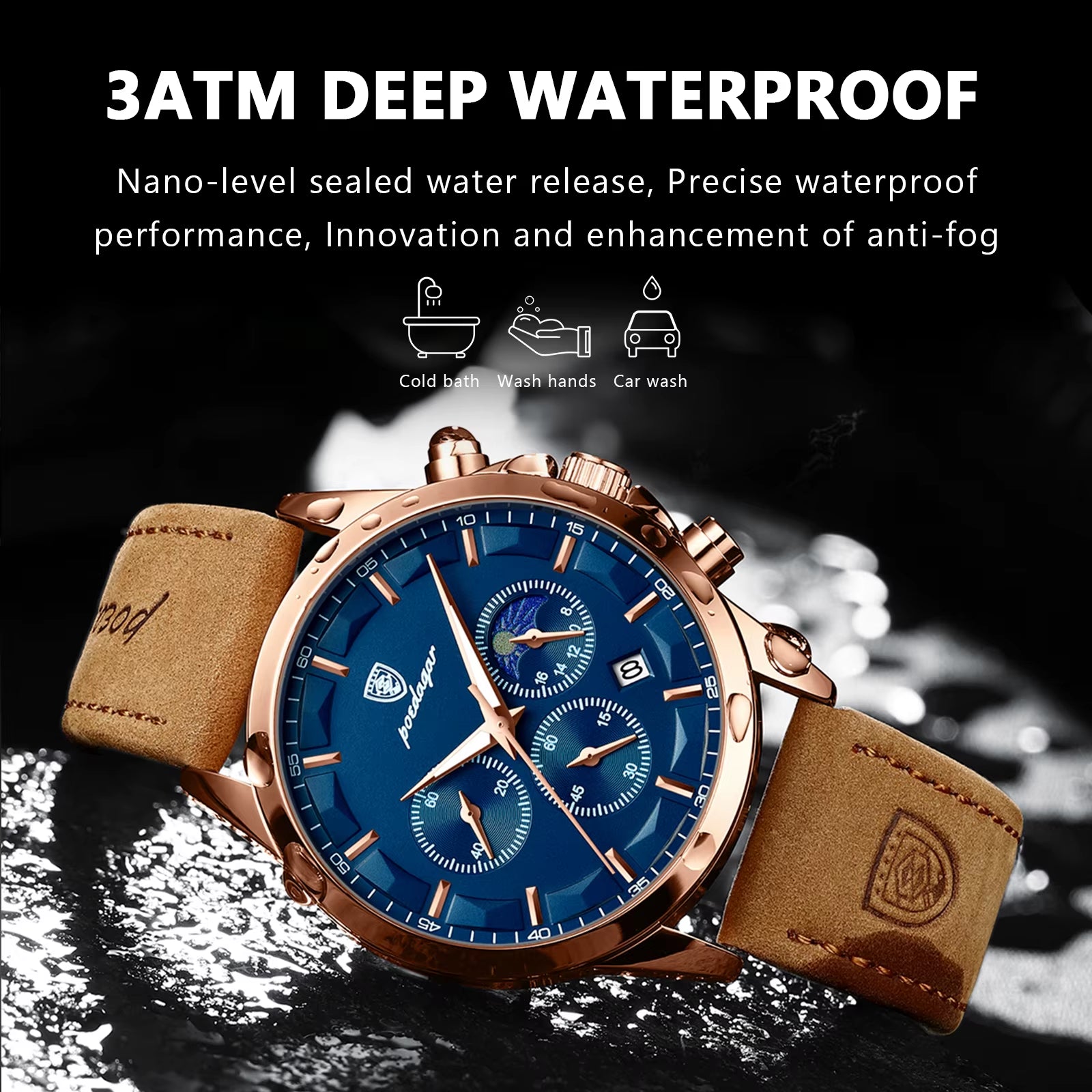 Luxury Men's Waterproof Quartz Chronograph Watch - Luminous Leather Date Wristwatch