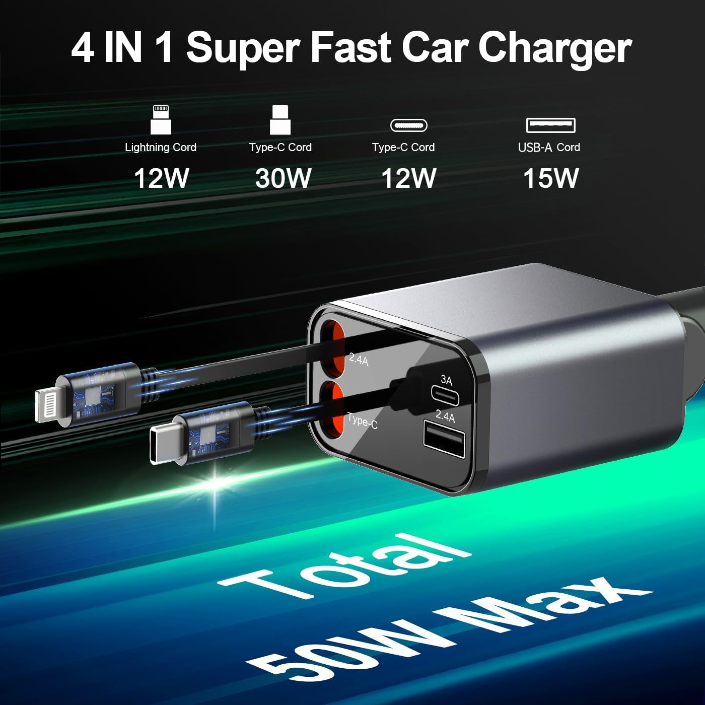 The Ultimate Road Trip Buddy: 4-in-1 Ninja Car Charger that zaps your phone to life faster than a caffeine-fueled squirrel! Compatible with every gadget that breathes!