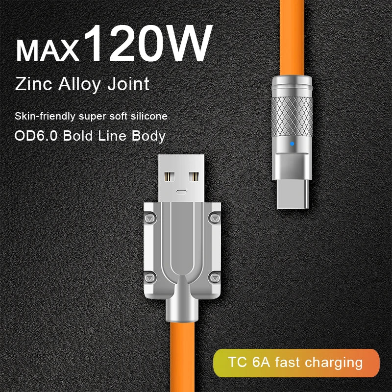 120W Super Fast Charge Liquid Silicone Type-C Cable - 1M for Xiaomi, Huawei, Samsung - Durable Zinc USB Data Line