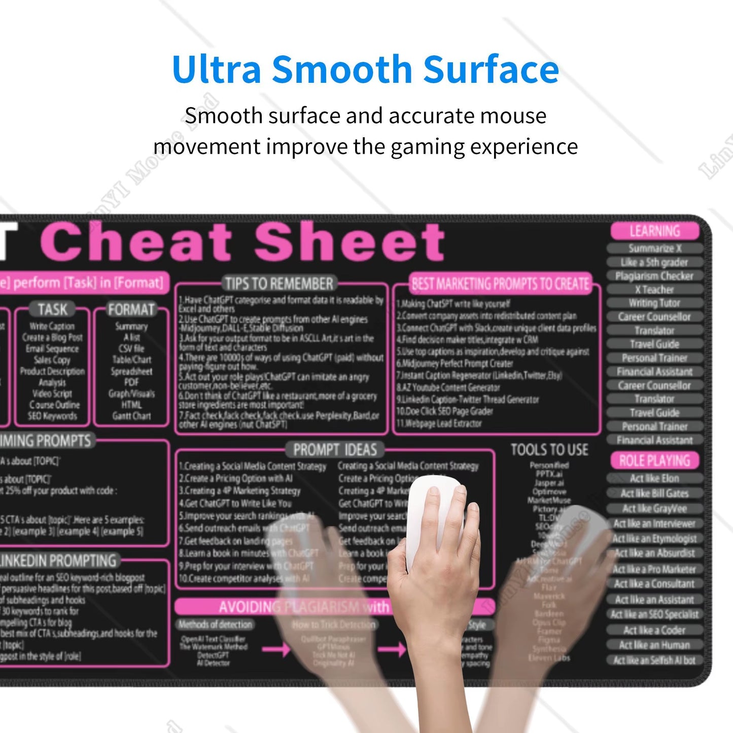 The Fabulous Pink Chat GPT Cheat Sheet Mouse Pad: Your Desk's New BFF for Coding and Chaos – Extra Large 31.5x11.8 Inch Awesomeness!