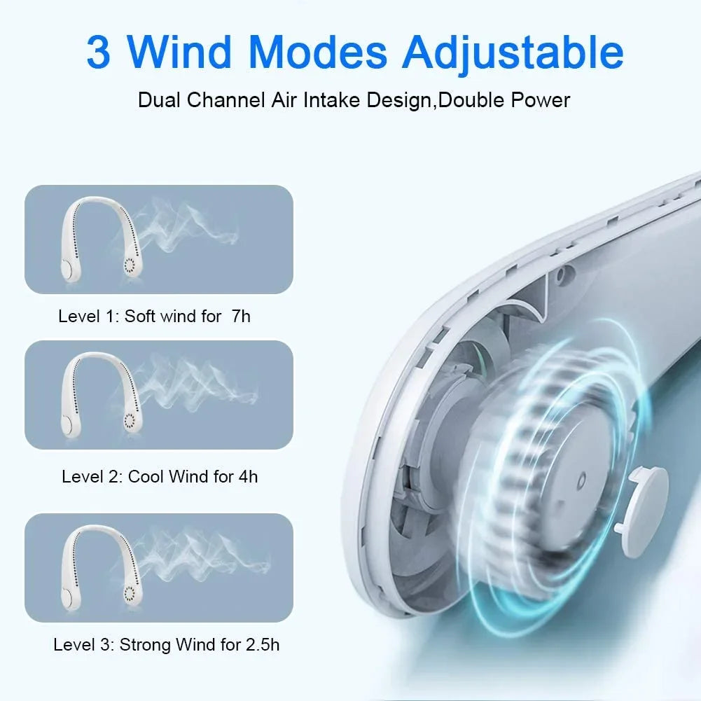 Portable Bladeless Mini Neck Fan - Rechargeable 1200mAh Air Cooler with 3 Speed Settings for Summer Sports