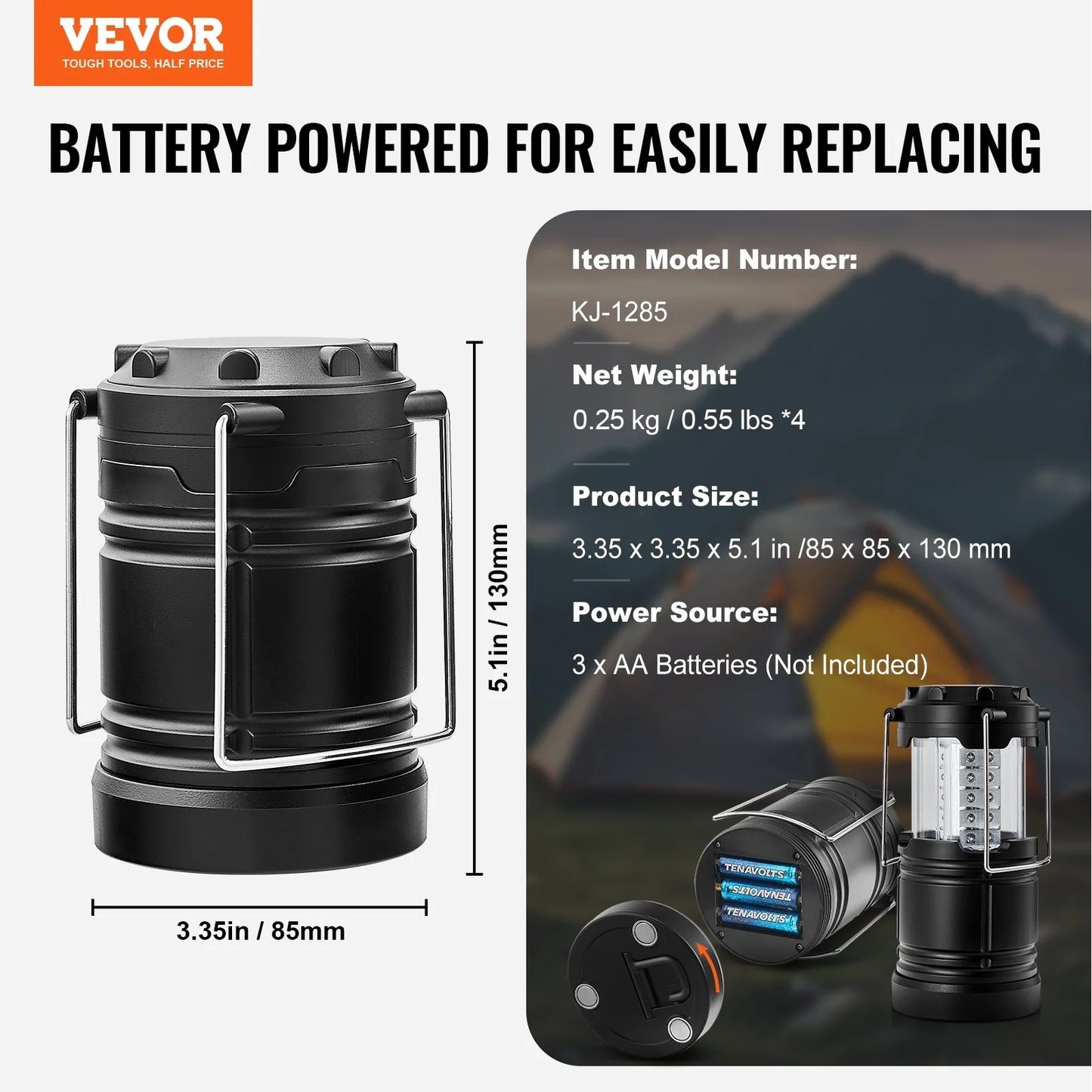 VEVOR Collapsible LED Camping Lanterns - Set of 4 Battery-Powered Lights for Outdoor Adventures