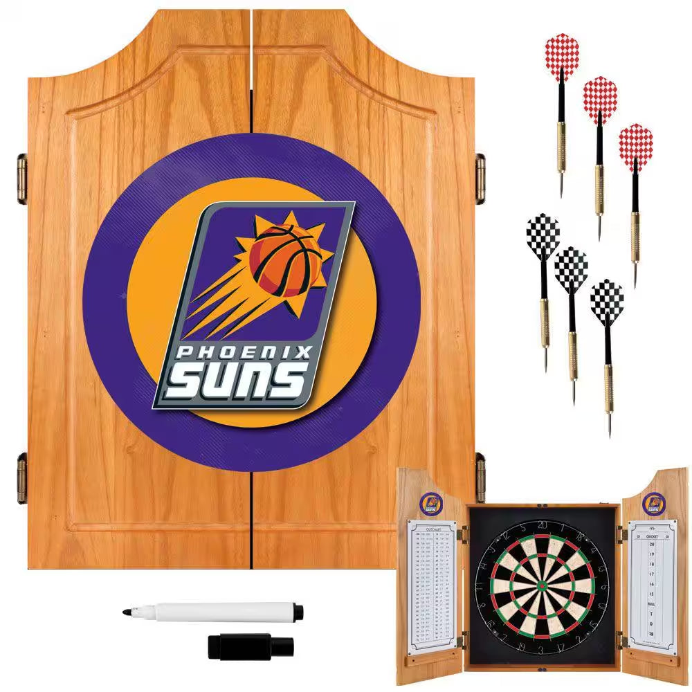 Score Big with the NBA Phoenix Suns Wood Finish Dart Cabinet Set – Where Game Night Gets Serious (& a Little Silly)!