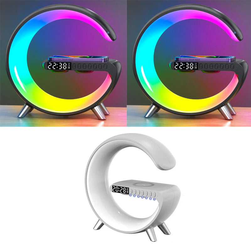 Innovative G-Shaped LED Lamp with Bluetooth Speaker & Wireless Charger - Smart App-Controlled Mood Light for Bedroom & Home Decor