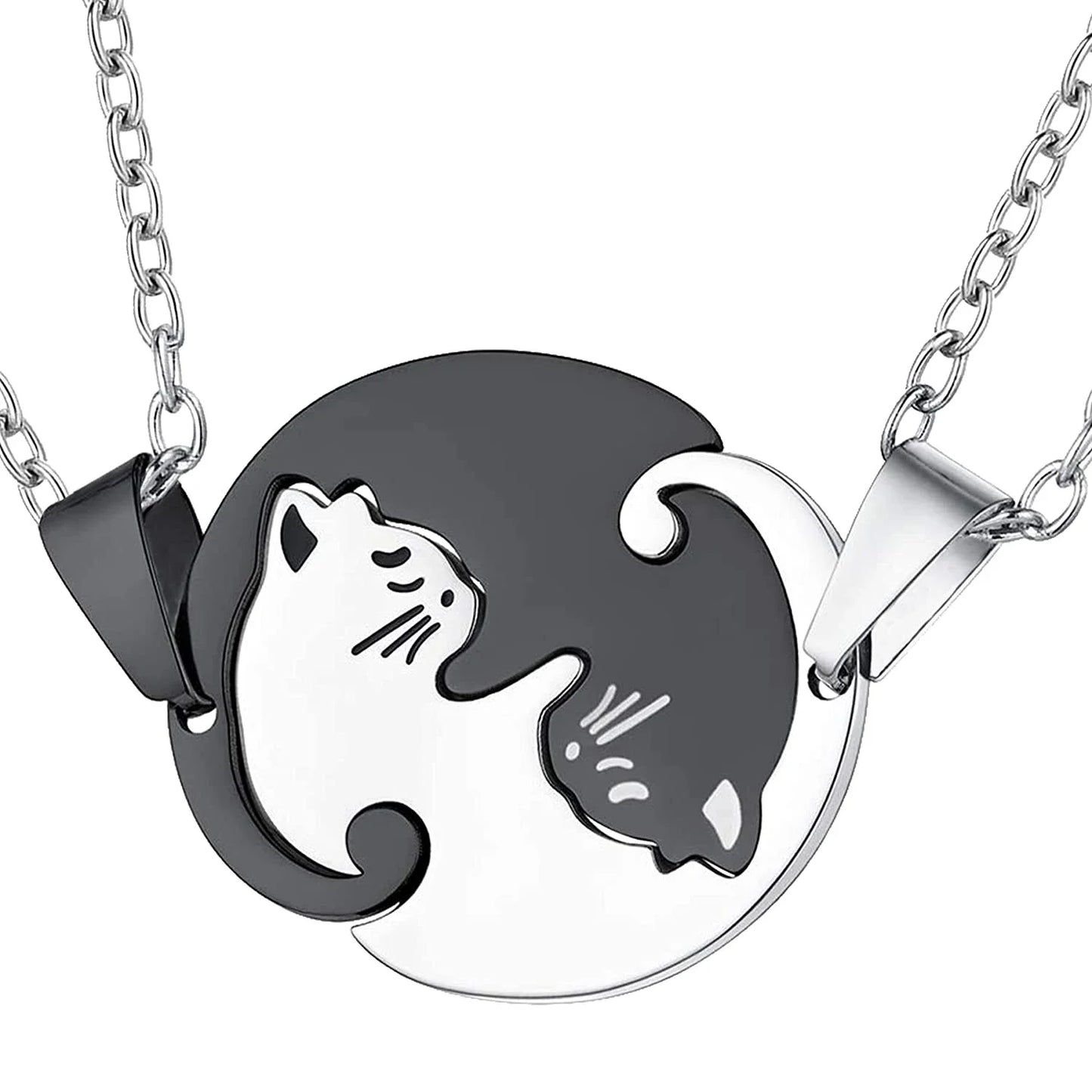 Charming Cat Couple Necklaces - Stainless Steel Black & White Kitten Pendants for Lovers & Friends