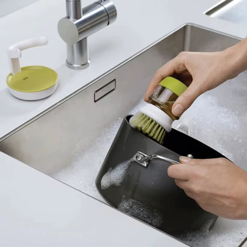 Multi-Use Soap Dispensing Dish Brush with Tray - Essential Kitchen Scrub Tool for Effortless Cleaning