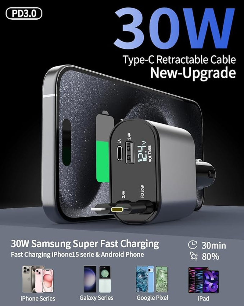 Ultimate 4-in-1 Retractable Fast Car Charger - 66W Power for iPhone 15/14/13/12/11, Galaxy & Pixel