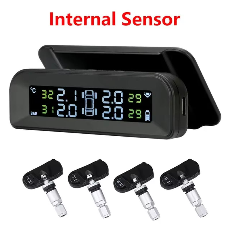 2023 Solar-Powered Wireless Tire Pressure Monitoring System with LCD Display and Auto Brightness Adjustment for 4 Tires