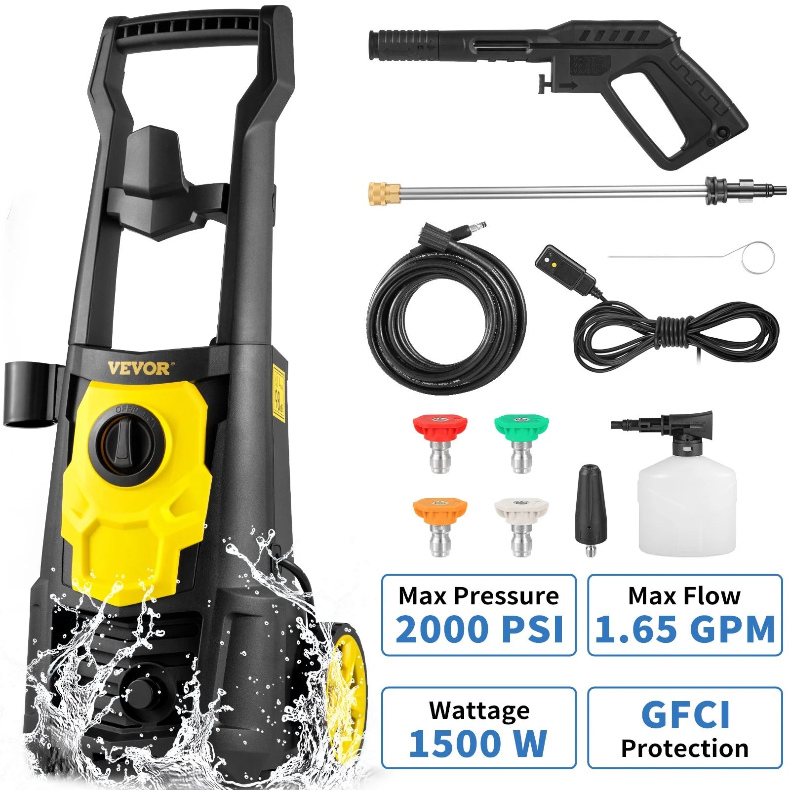 VEVOR 2000 PSI Electric Pressure Washer - 1.65 GPM, 30 Ft Hose & Reel, Foam Cannon, 5 Quick Connect Nozzles - Ideal for Cleaning Patios, Cars, Fences, Driveways - ETL Listed