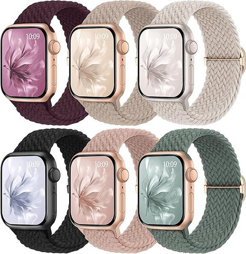 6 Pack Braided Stretchy Bands Compatible with Apple Watch Band 38Mm 40Mm 41Mm 42Mm 44Mm 45Mm 49Mm Women Men, Adjustable Nylon Solo Loop Elastic Straps for Iwatch Series 9 8 7 6 5 4 3 2 1 SE Ultra