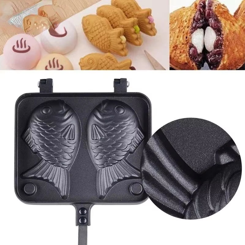 Japanese Taiyaki Fish-Shaped Waffle Cake Maker Pan - Double Hot Dessert Fry Pan Molds