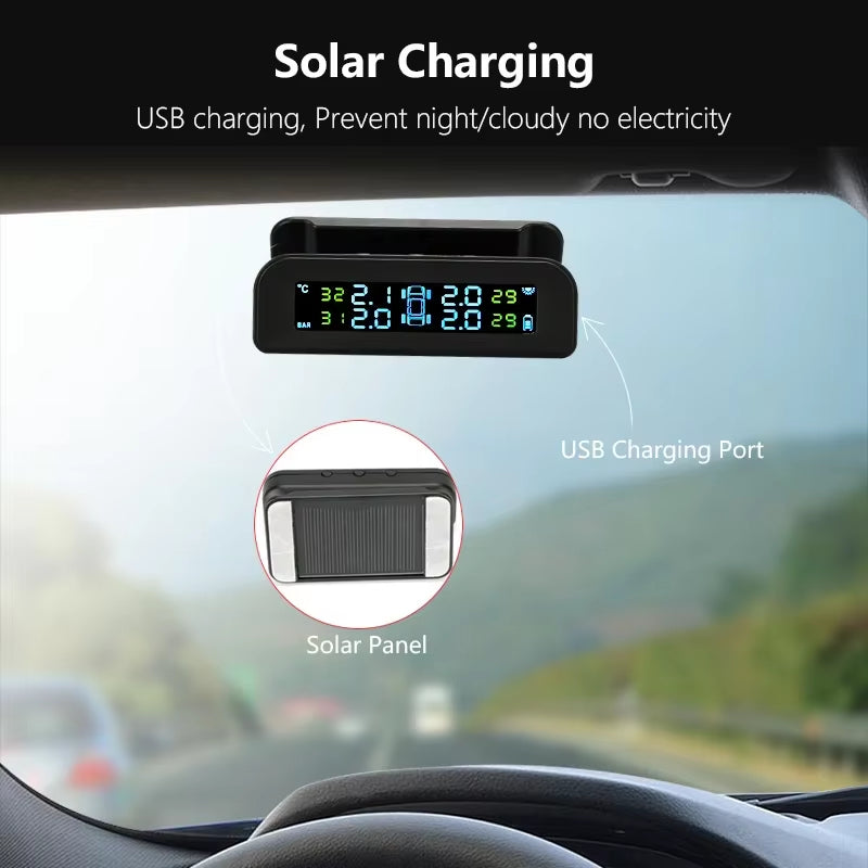 2023 Solar-Powered Wireless Tire Pressure Monitoring System with LCD Display and Auto Brightness Adjustment for 4 Tires