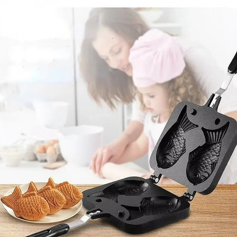 Japanese Taiyaki Fish-Shaped Waffle Cake Maker Pan - Double Hot Dessert Fry Pan Molds