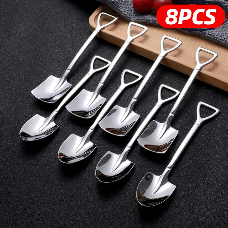 Stainless Steel Creative Shovel Shape Coffee & Tea Spoons Set - 4/8PCS Ice Cream Scoop Kitchen Accessories