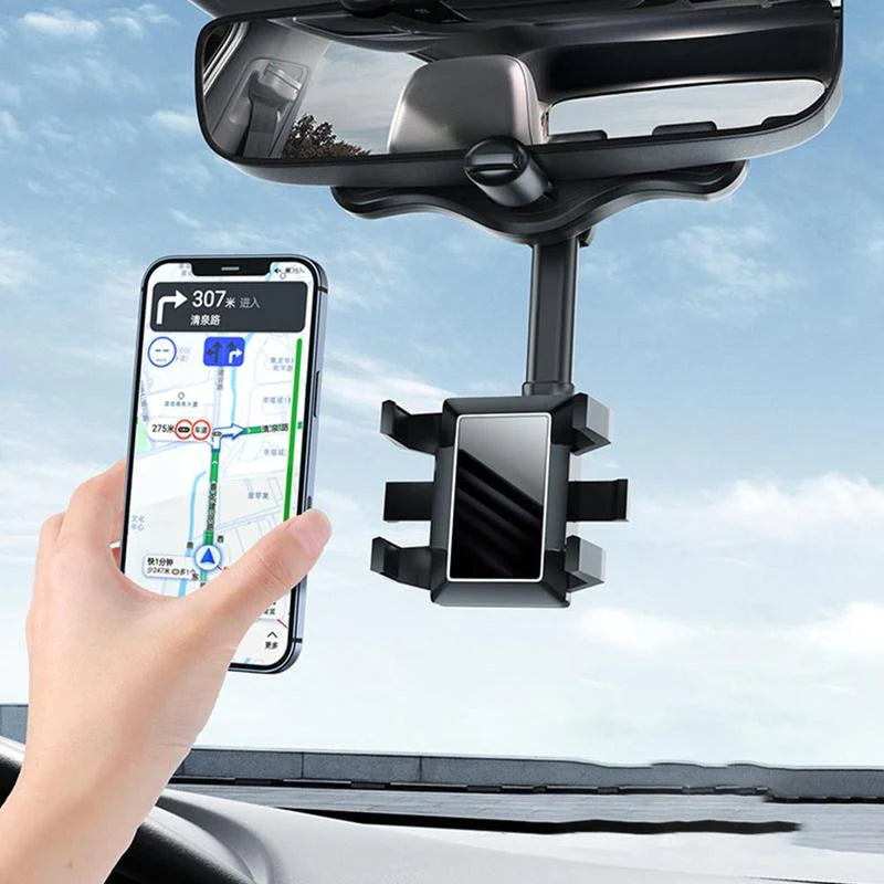 360° Rotatable Rearview Mirror Phone Holder - Universal Fit for All Cars & Phones, Retractable & Multifunctional Design