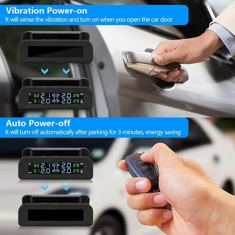 2023 Solar-Powered Wireless Tire Pressure Monitoring System with LCD Display and Auto Brightness Adjustment for 4 Tires