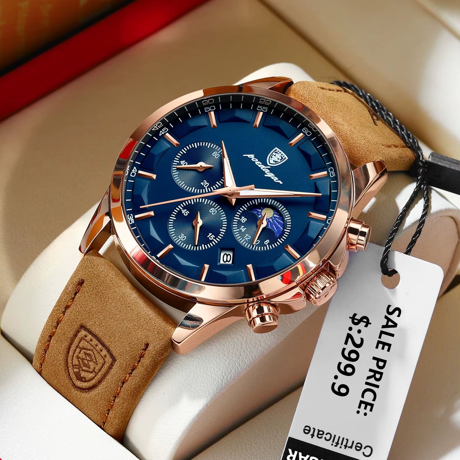 Luxury Men's Waterproof Quartz Chronograph Watch - Luminous Leather Date Wristwatch