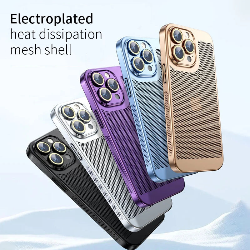 Stay Cool and Stylish: The Ultimate Heat Dissipation Phone Case for iPhone 11-16 Pro Max & Mini with a Snazzy Electroplated Border and Honeycomb Mesh!