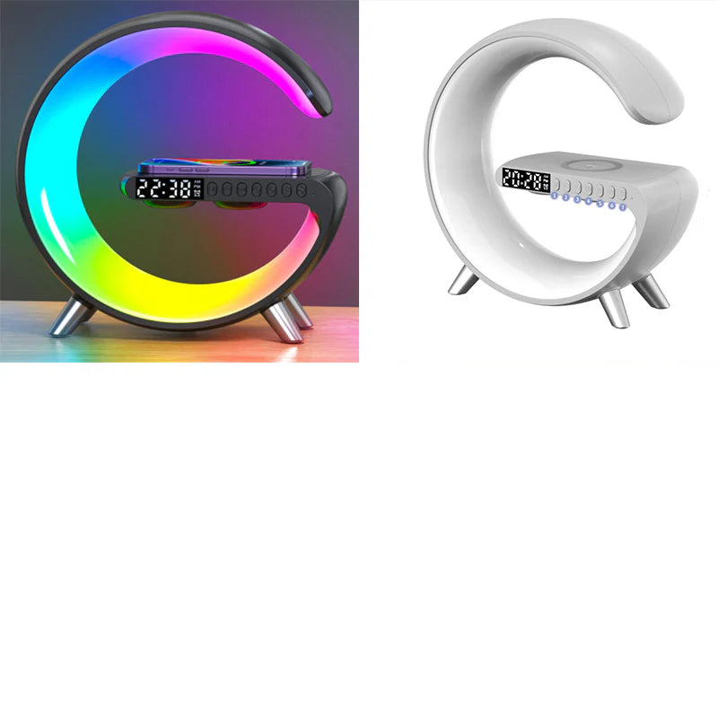 Innovative G-Shaped LED Lamp with Bluetooth Speaker & Wireless Charger - Smart App-Controlled Mood Light for Bedroom & Home Decor