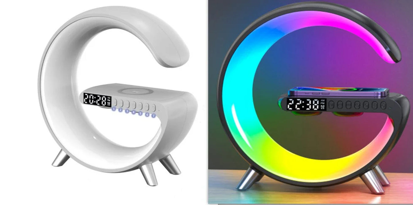 Innovative G-Shaped LED Lamp with Bluetooth Speaker & Wireless Charger - Smart App-Controlled Mood Light for Bedroom & Home Decor